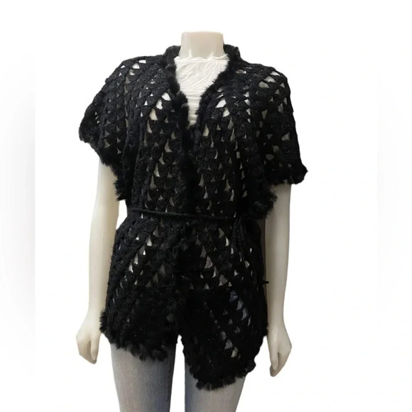 La Cite Rabbit Fur Wool Black Open Short Sleeve Cardigan Size Large - Picture 2 of 11